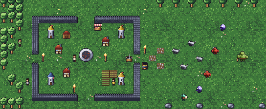 A walled village by day: towers at each corner, houses, farms and a hearth in the middle, with wolves, brutes, shades and a siege ogre gathering to the east.